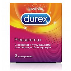 <strong>Рельефные презервативы с точками и рёбрами Durex Pleasuremax - 3 шт.</strong> <br />
Прозрачные презервативы со смазкой, особая форма с накопителем.<div class="charTableblock"><div><span>Производитель</span>: Durex, Великобритания</div></div> Рельефные презервативы с точками и рёбрами Durex Pleasuremax - 3 шт.
Прозрачные презервативы со смазкой, особая форма с накопителем.