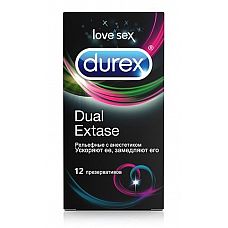 <strong>Рельефные презервативы с анестетиком Durex Dual Extase - 12 шт.</strong> <br />
Специальный гель-смазка для продления удовольствия.<div class="charTableblock"><div><span>Производитель</span>: Durex, Великобритания</div></div> Рельефные презервативы с анестетиком Durex Dual Extase - 12 шт.
Специальный гель-смазка для продления удовольствия.