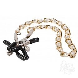 Зажимы на соски с золотистой цепью и белыми бусинками Зажимы на соски с золотистой цепью и белыми бусинками